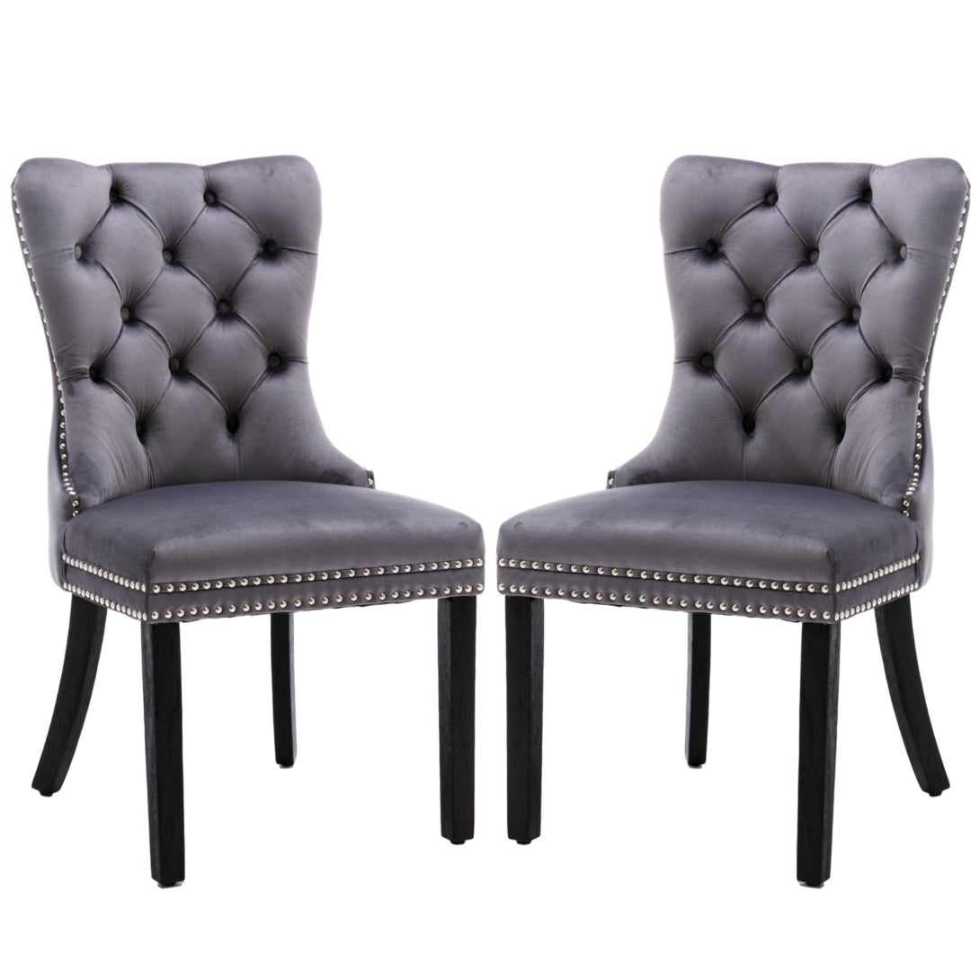 4x Velvet Tufted Dining Chairs with Wood Legs & Stud Trim