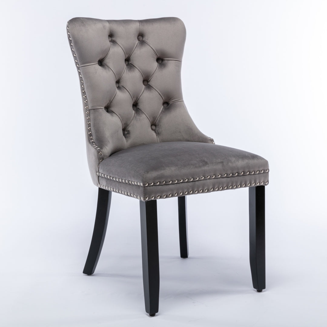 4x Velvet Tufted Dining Chairs with Wood Legs & Stud Trim