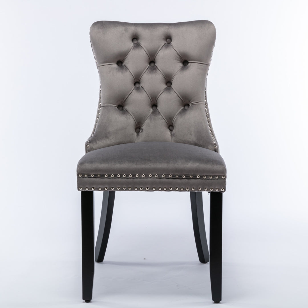 4x Velvet Tufted Dining Chairs with Wood Legs & Stud Trim