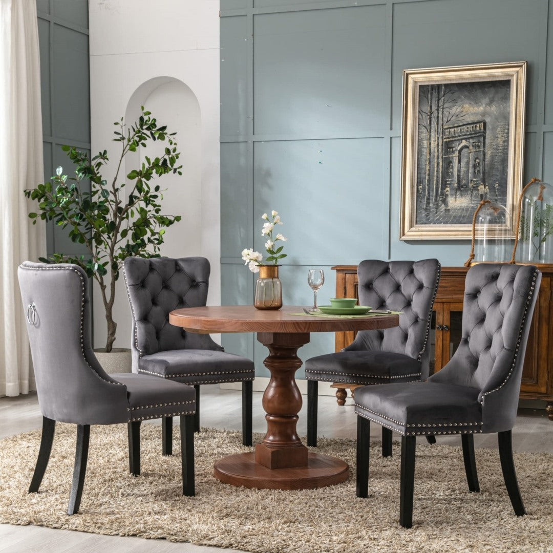 4x Velvet Tufted Dining Chairs with Wood Legs & Stud Trim