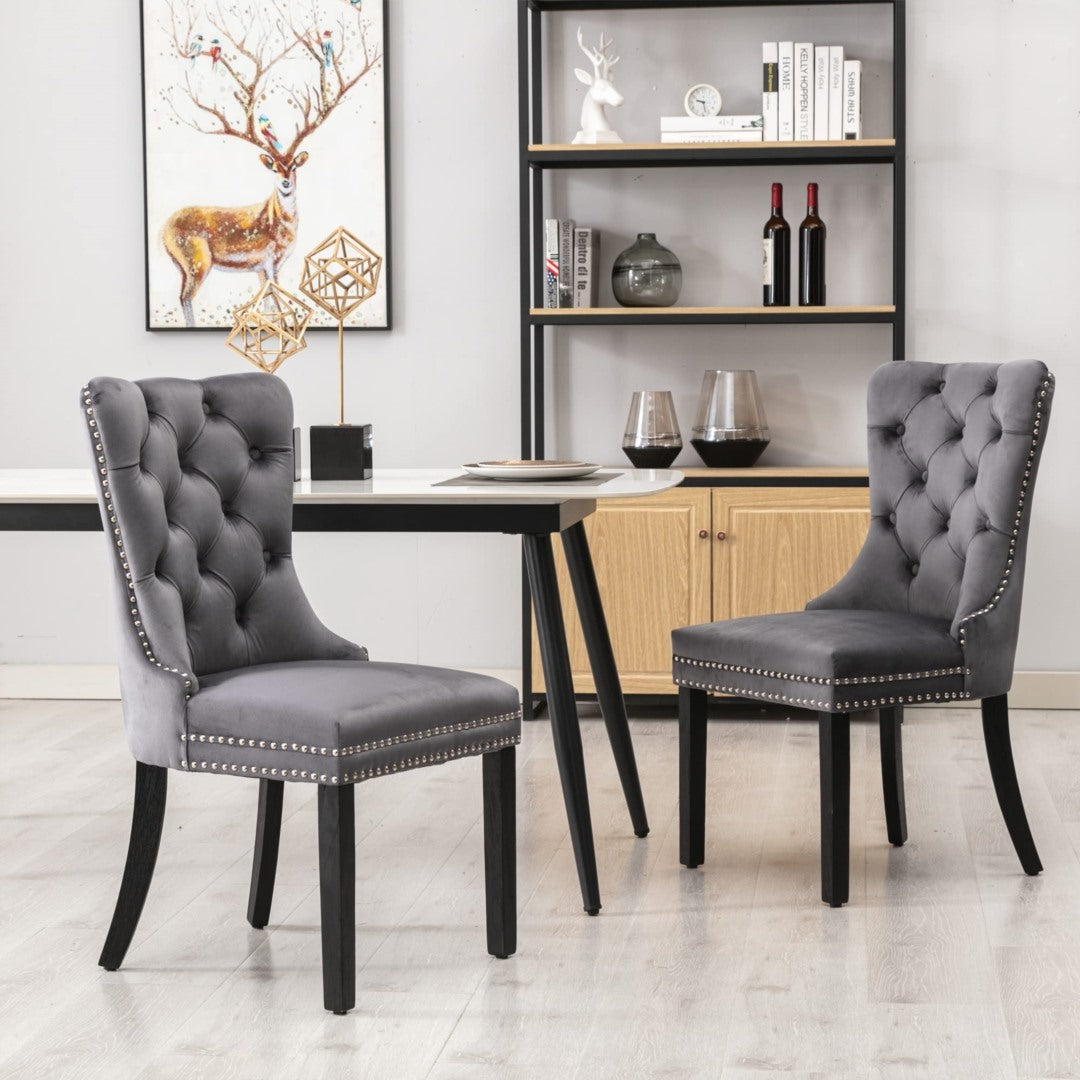 4x Velvet Tufted Dining Chairs with Wood Legs & Stud Trim