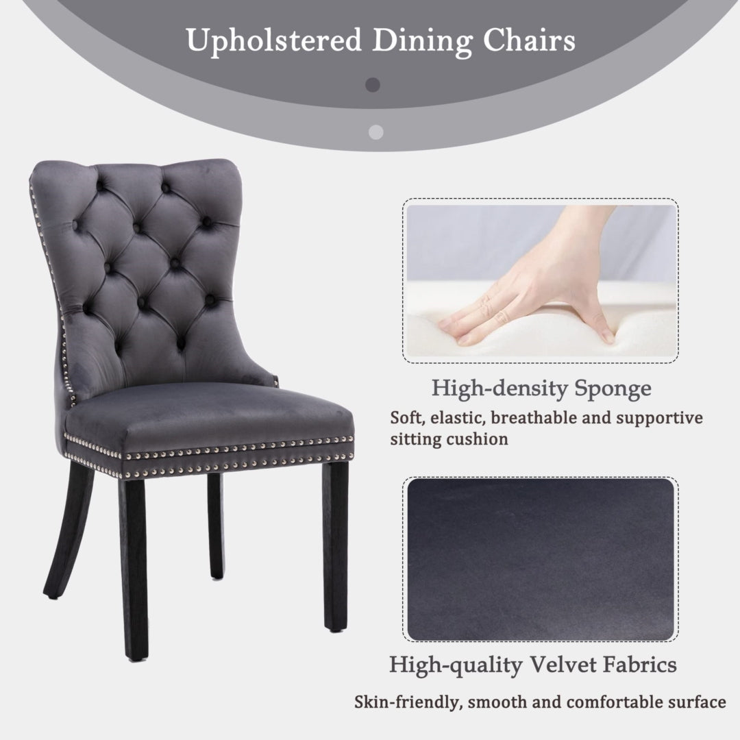 4x Velvet Tufted Dining Chairs with Wood Legs & Stud Trim