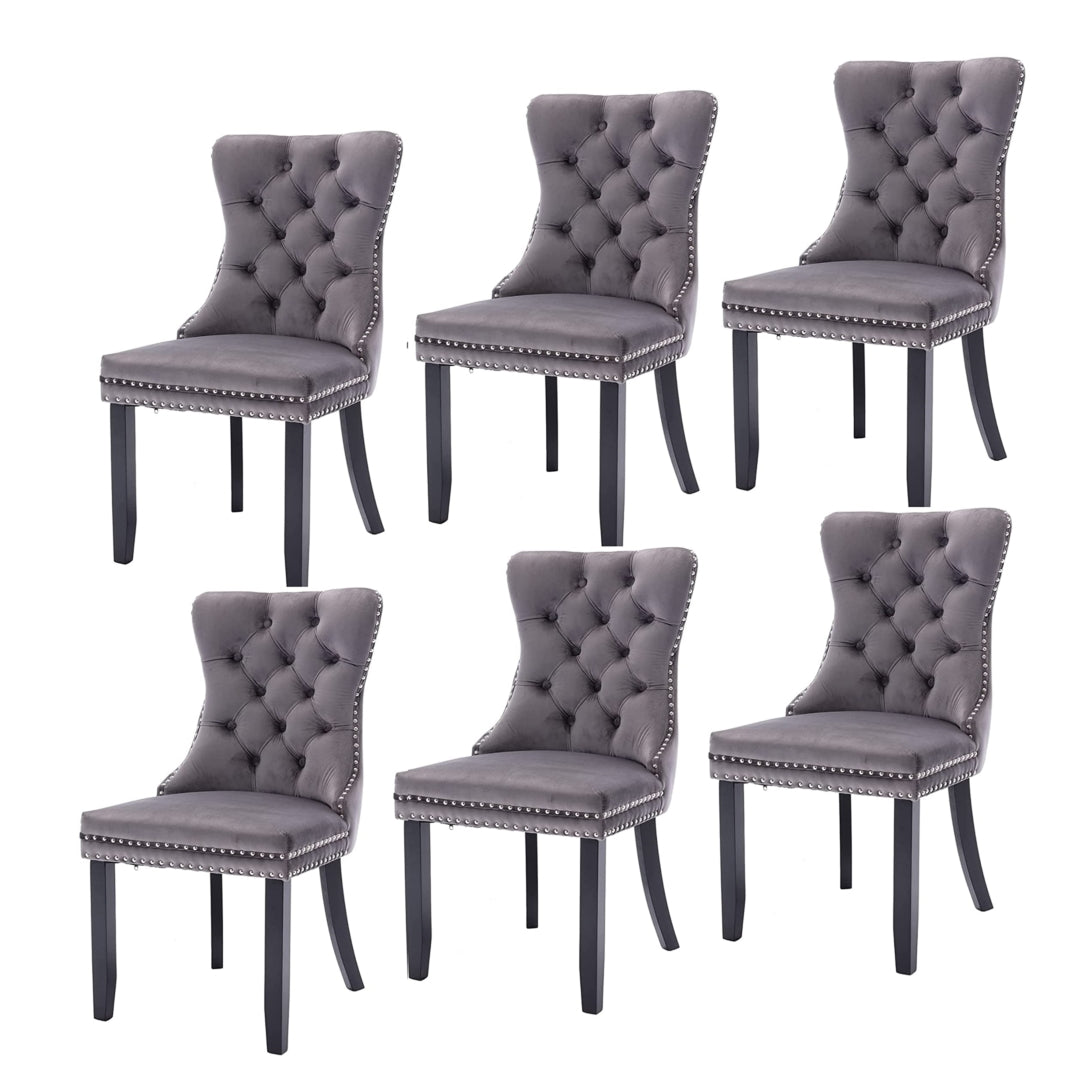 6x High Back Velvet Dining Chairs, Tufted, Solid Wood Legs