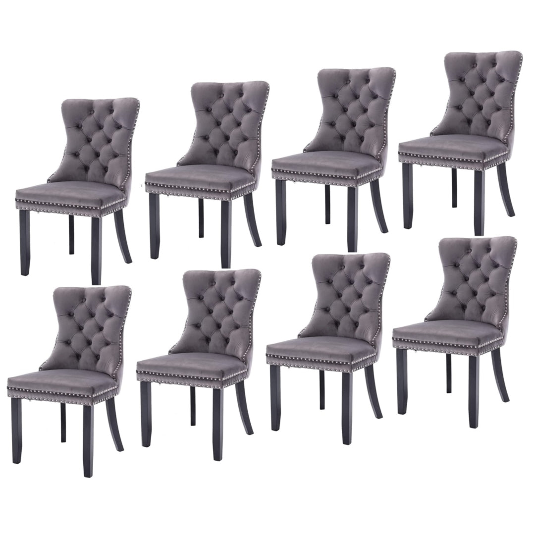 8x Velvet Tufted Dining Chairs, Solid Wood Legs, High Backrest