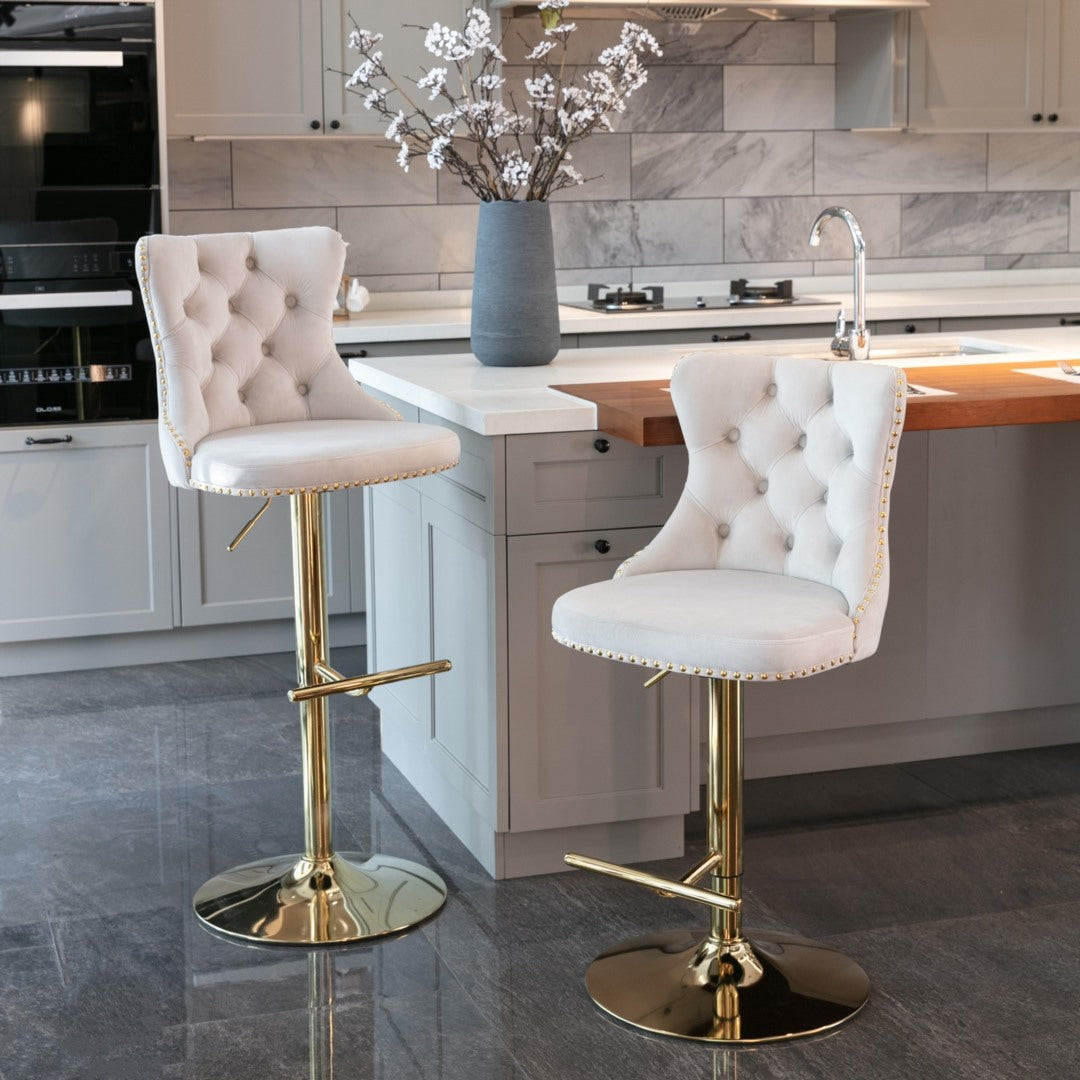 Height Adjustable Velvet Swivel Bar Stools, Footrest, Golden Base - Set of 2