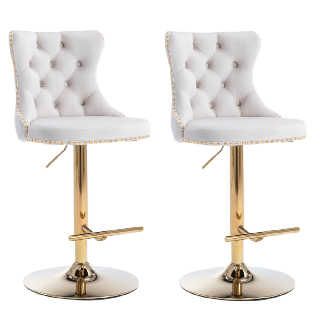 Height Adjustable Velvet Swivel Bar Stools, Footrest, Golden Base - Set of 2