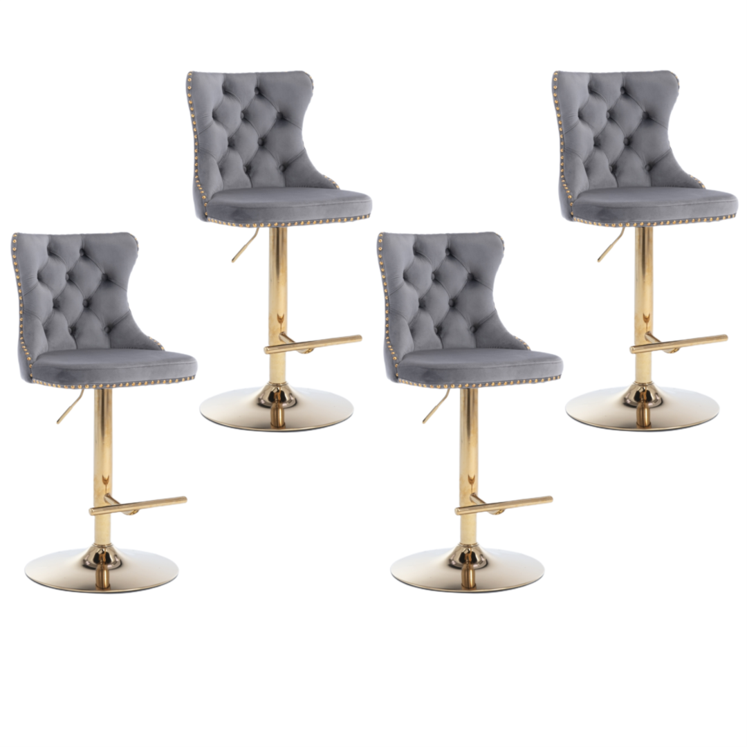 Adjustable Velvet Swivel Bar Stools, Gold Base, Grey, Set of 4