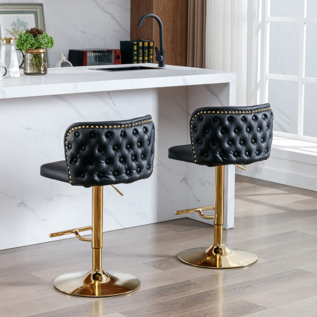 2x Faux Leather Golden Base Swivel Bar Stools- Black