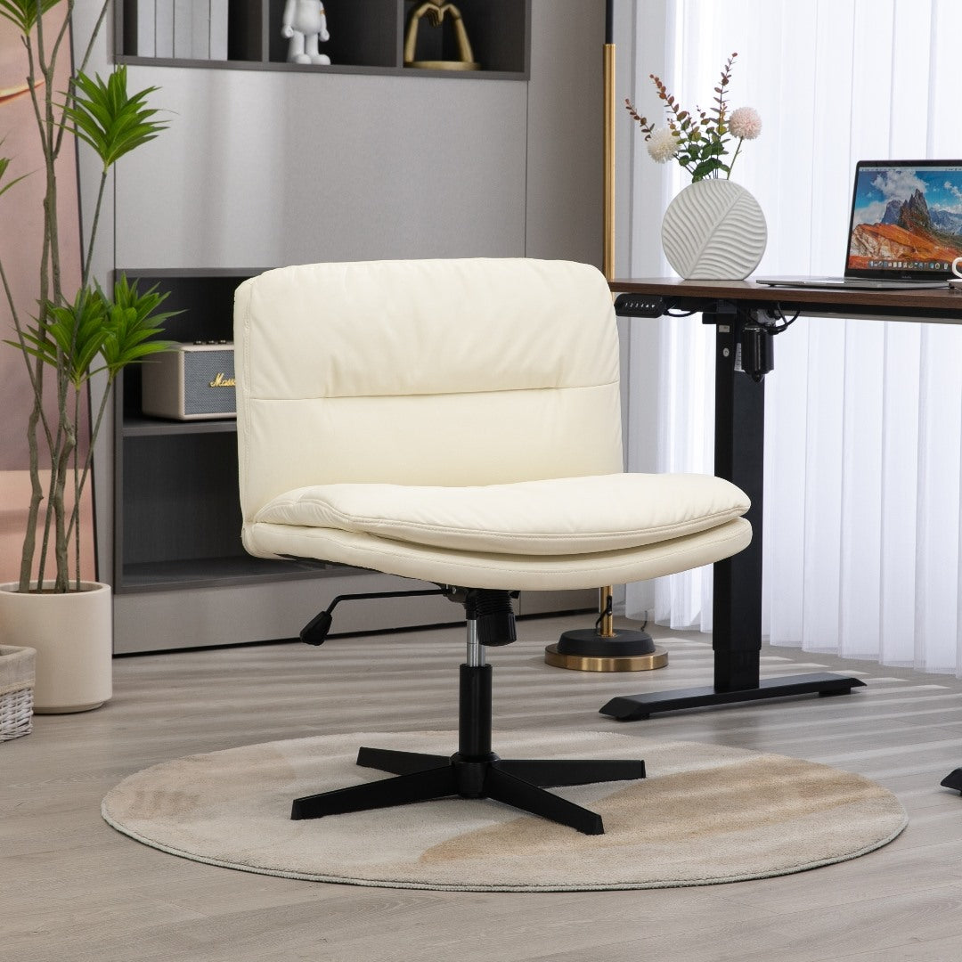 Beige Faux Leather Home Office Chair, Adjustable Recliner