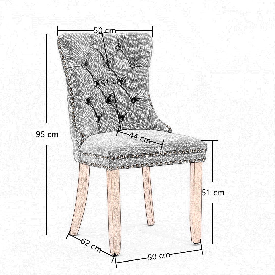 Tufted Gray Fabric Dining Chairs w/ Stud Trim, Wood Legs - Set of 2