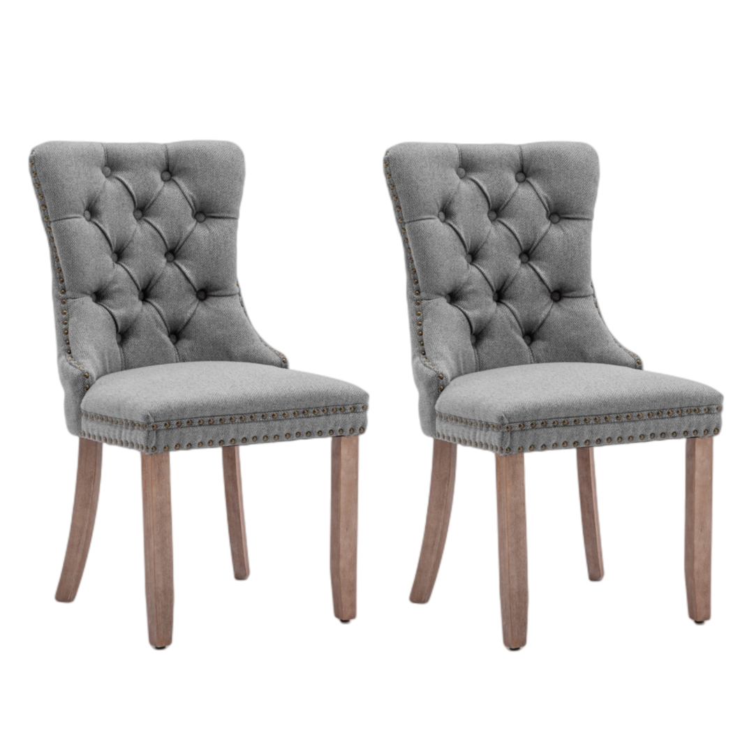 Tufted Gray Fabric Dining Chairs w/ Stud Trim, Wood Legs - Set of 2