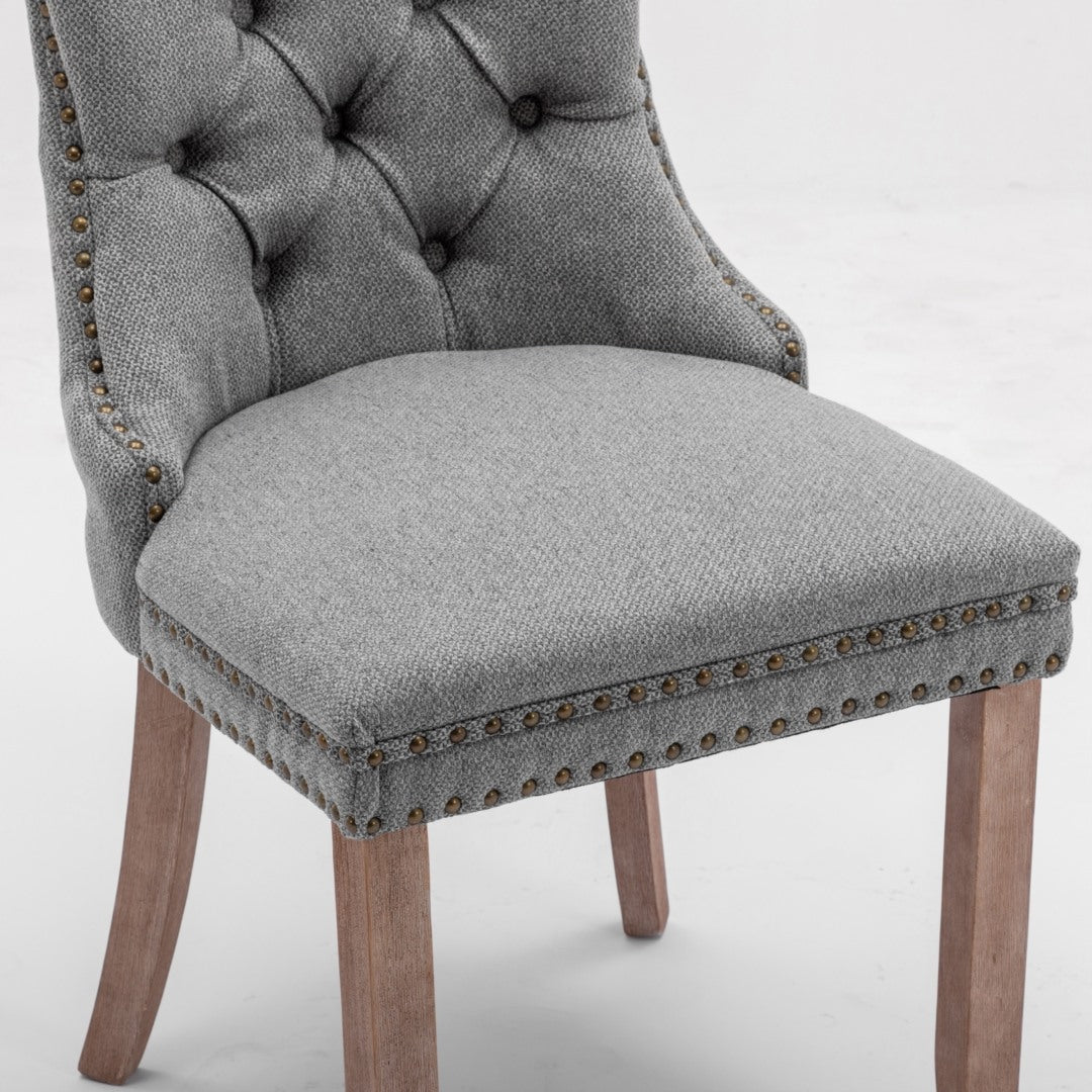 Tufted Gray Fabric Dining Chairs w/ Stud Trim, Wood Legs - Set of 2