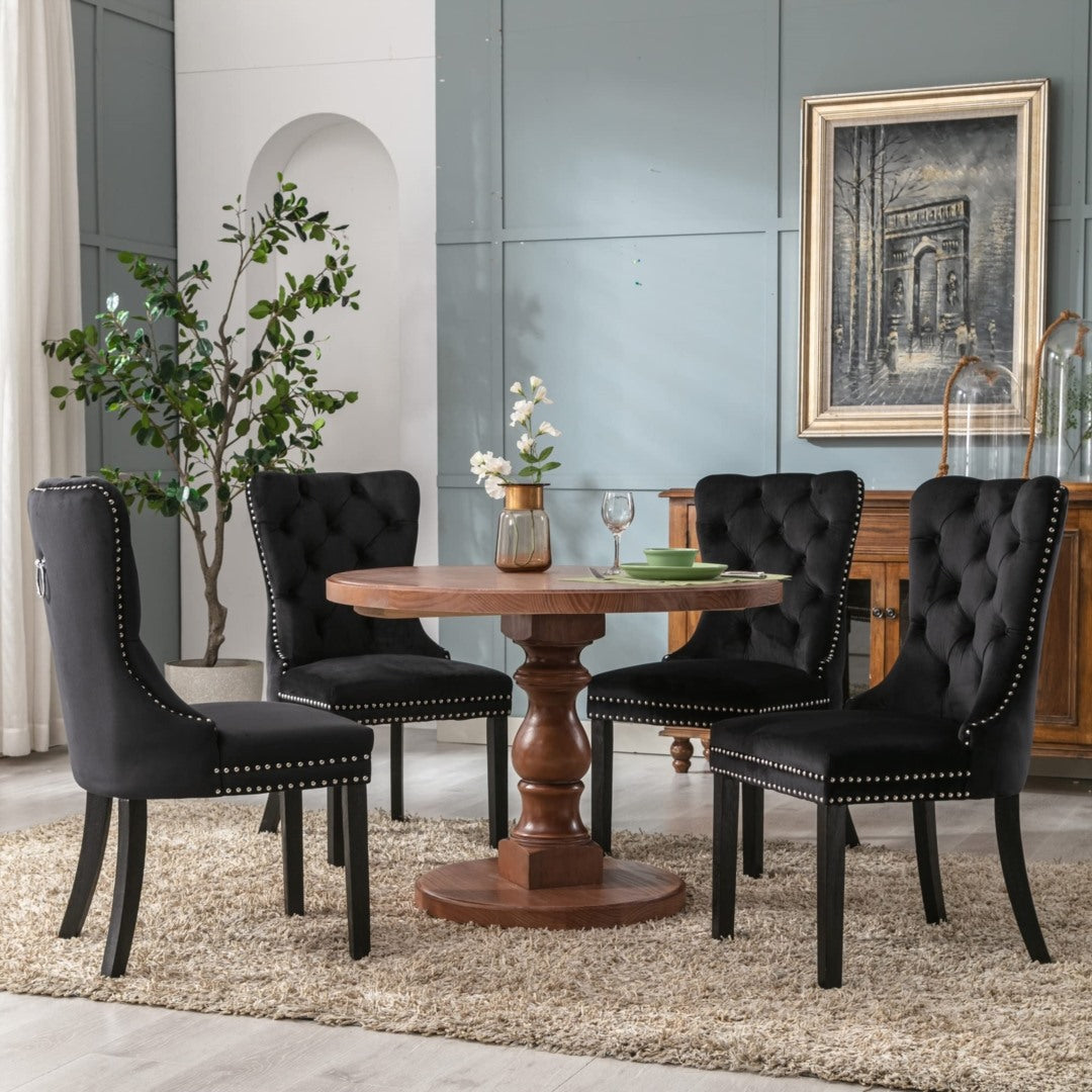 2x Velvet Dining Chairs Upholstered Tufted Kithcen Chair with Solid Wood Legs Stud Trim and Ring-Black