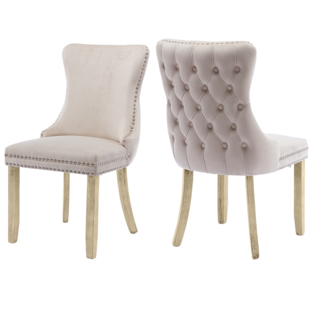 Beige Velvet Tufted Wingback Dining Chairs Set of 4, Solid Wood Legs