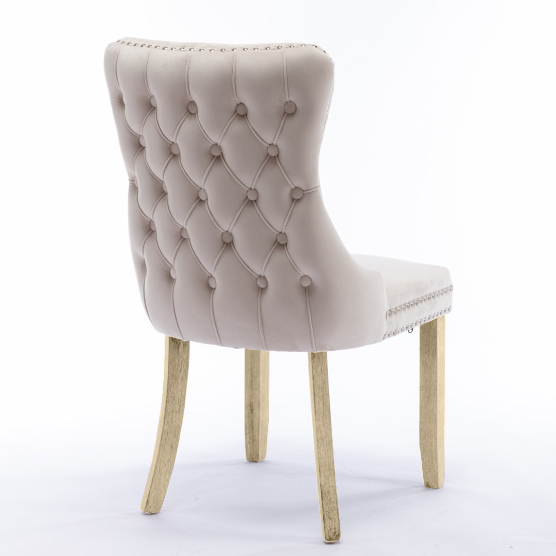 Beige Velvet Tufted Wingback Dining Chairs Set of 4, Solid Wood Legs