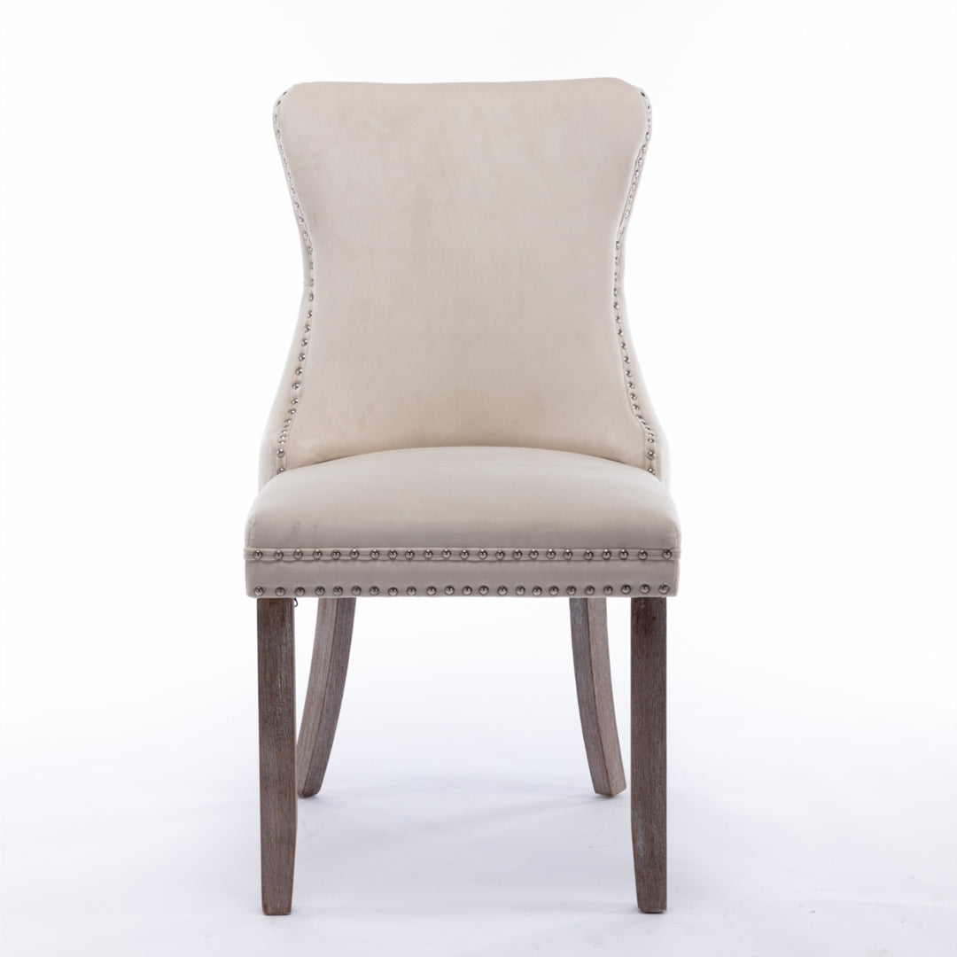 Beige Velvet Tufted Wingback Dining Chairs Set of 4, Solid Wood Legs