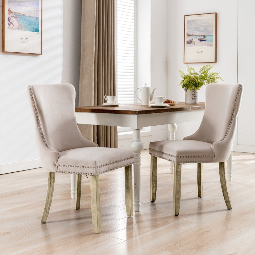 Beige Velvet Tufted Wingback Dining Chairs Set of 4, Solid Wood Legs