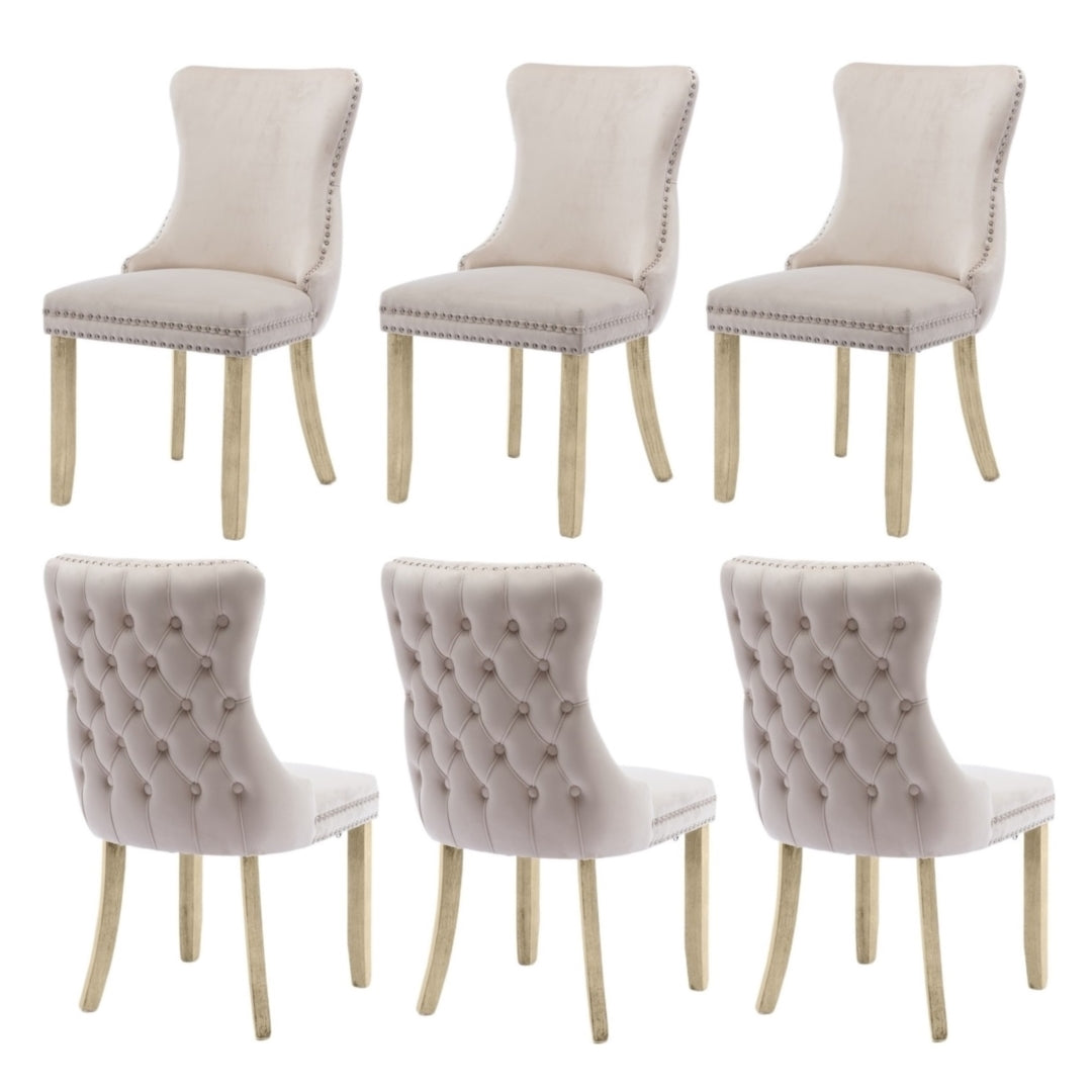 6x Velvet Tufted Wingback Dining Chairs Wood Legs, Stud Trim