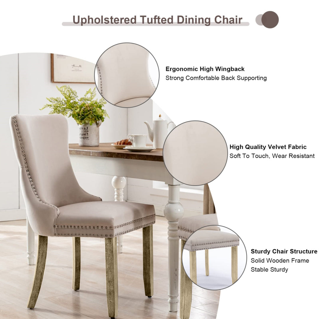 Beige Velvet Tufted Wingback Dining Chairs 2x with Studs, Wood Legs