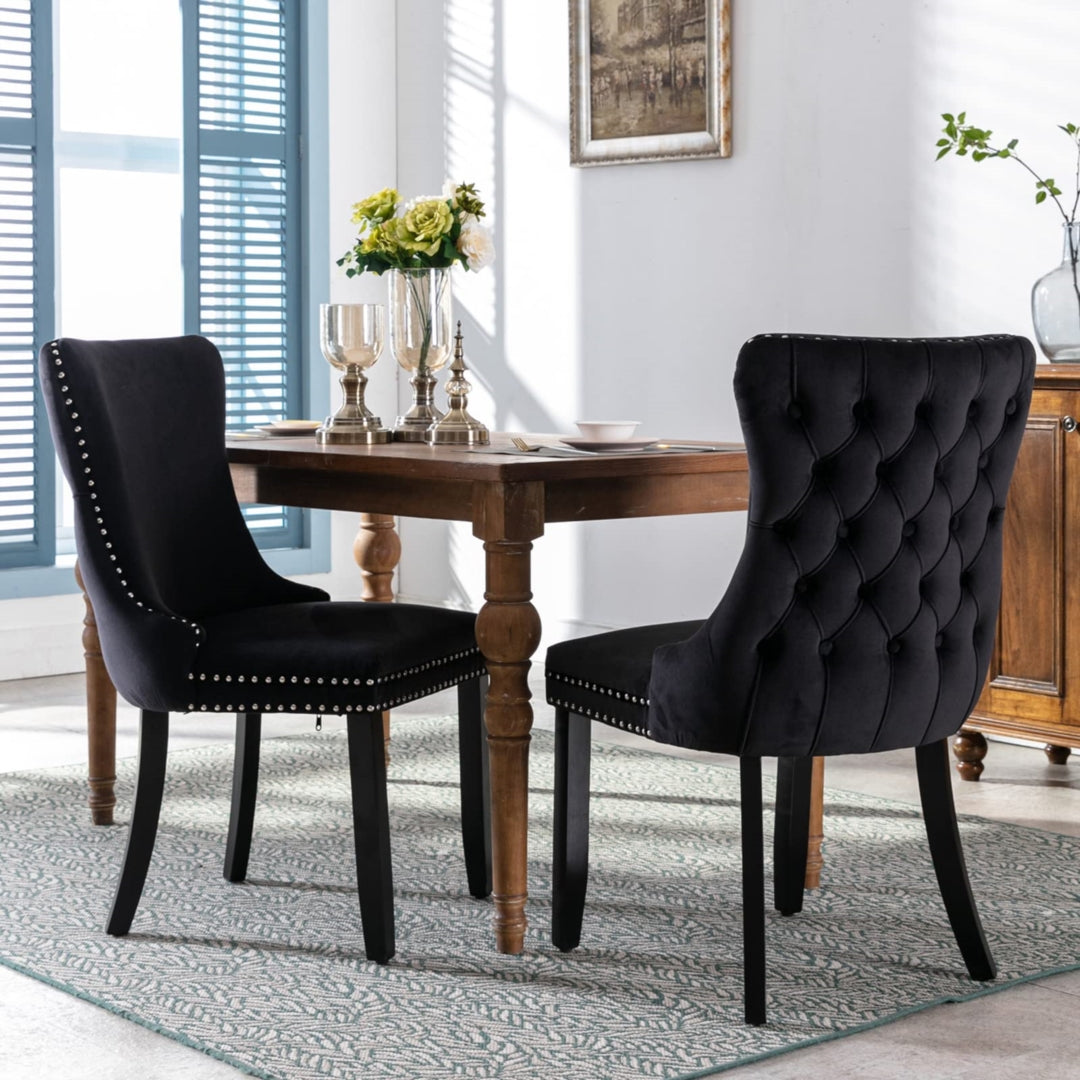 6x Tufted Velvet Upholstered Dining Chairs, Solid Wood Legs