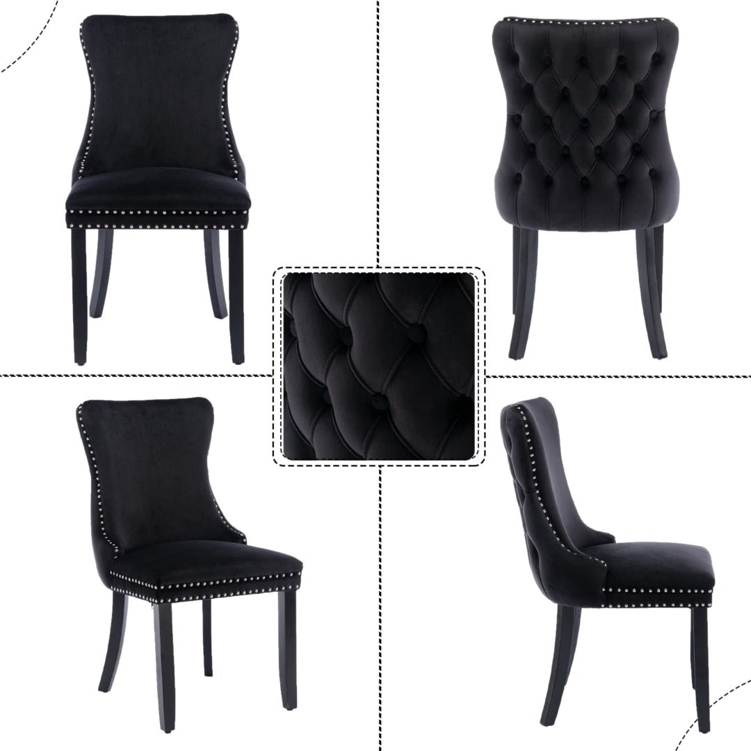 6x Tufted Velvet Upholstered Dining Chairs, Solid Wood Legs