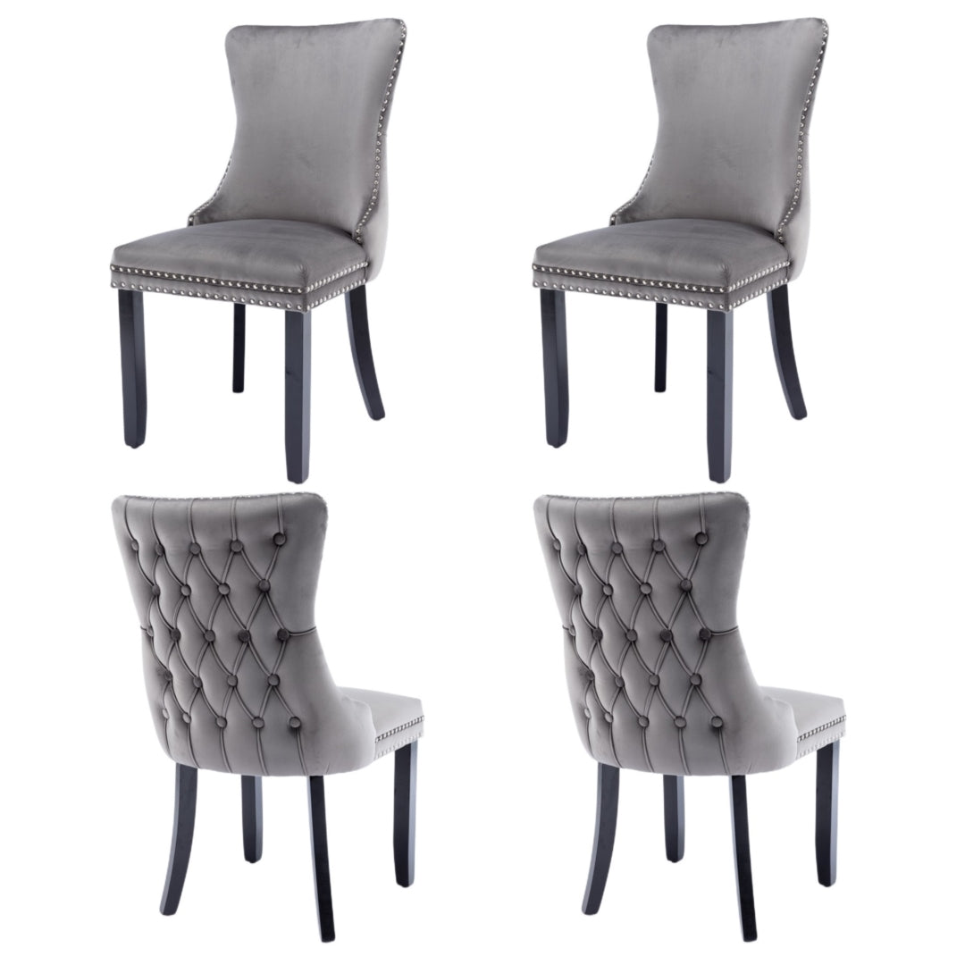 Velvet Tufted Wingback Dining Chairs Set with Stud Trim, Solid Wood Legs (4 pcs)