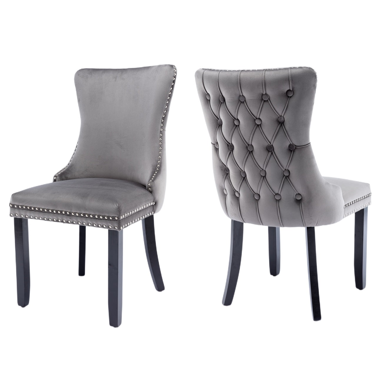 Velvet Tufted Wingback Dining Chairs Set with Stud Trim, Solid Wood Legs (4 pcs)