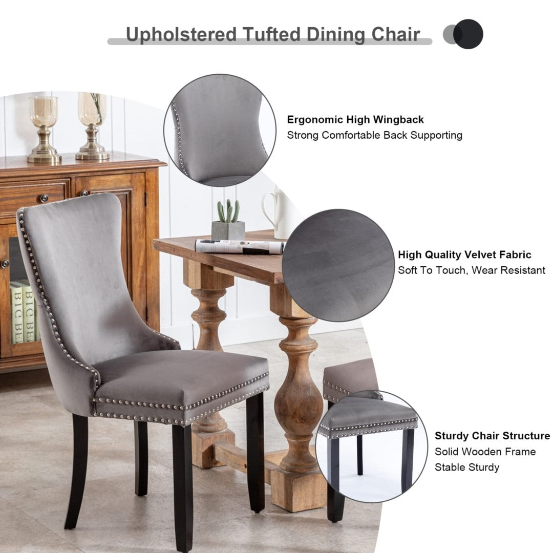 Velvet Tufted Wingback Dining Chairs Set with Stud Trim, Solid Wood Legs (4 pcs)