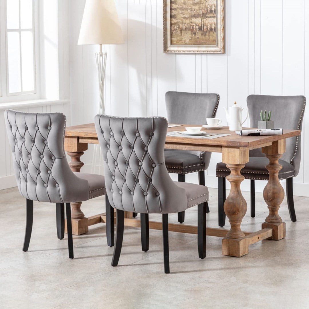 Velvet Tufted Wingback Dining Chairs Set with Stud Trim, Solid Wood Legs (4 pcs)