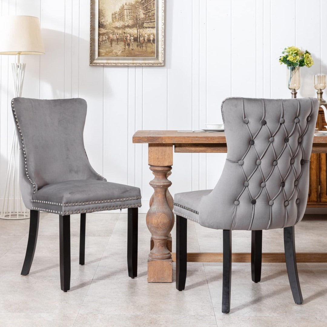 Velvet Tufted Wingback Dining Chairs Set with Stud Trim, Solid Wood Legs (4 pcs)