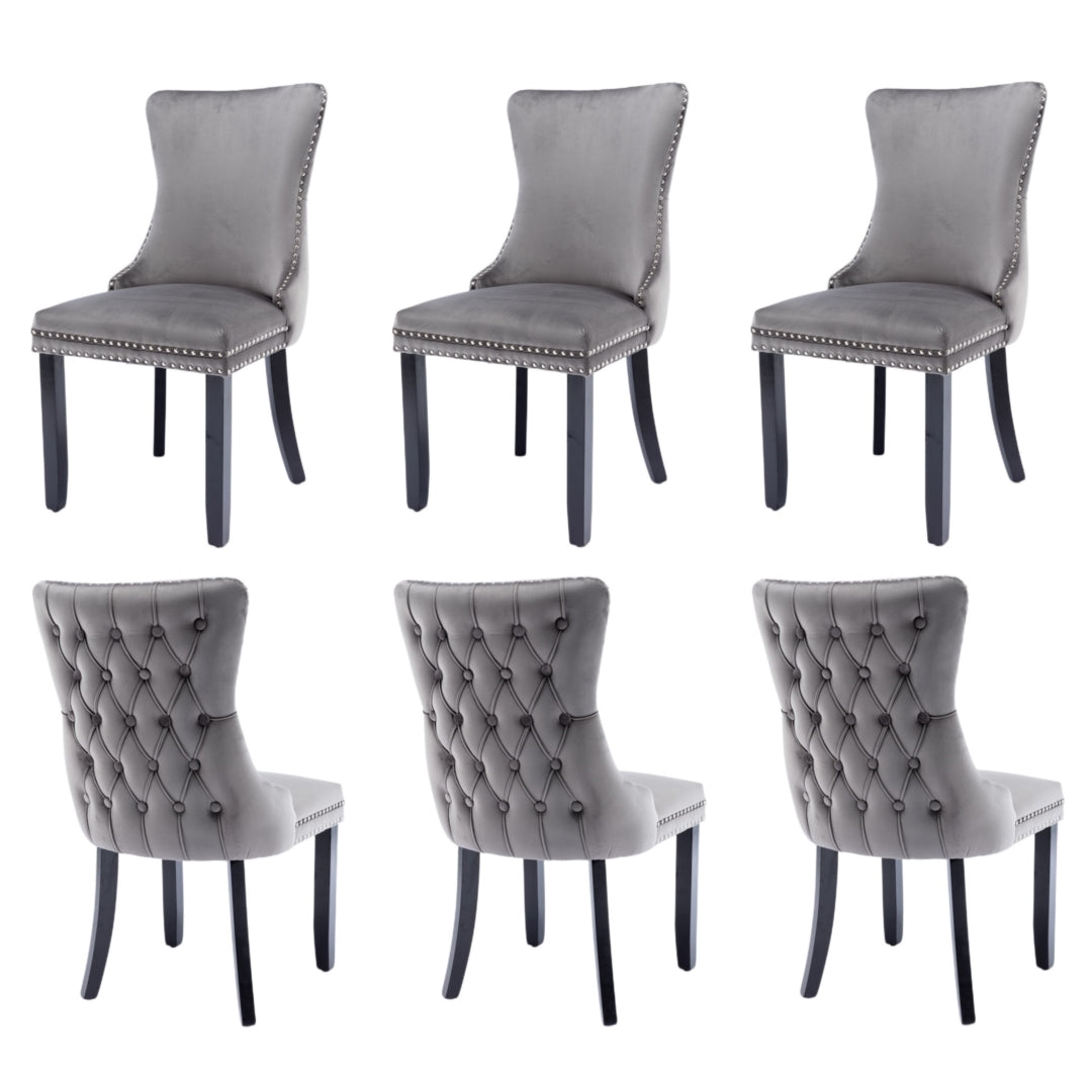 6x Velvet Tufted Wingback Dining Chairs, Solid Wood Legs