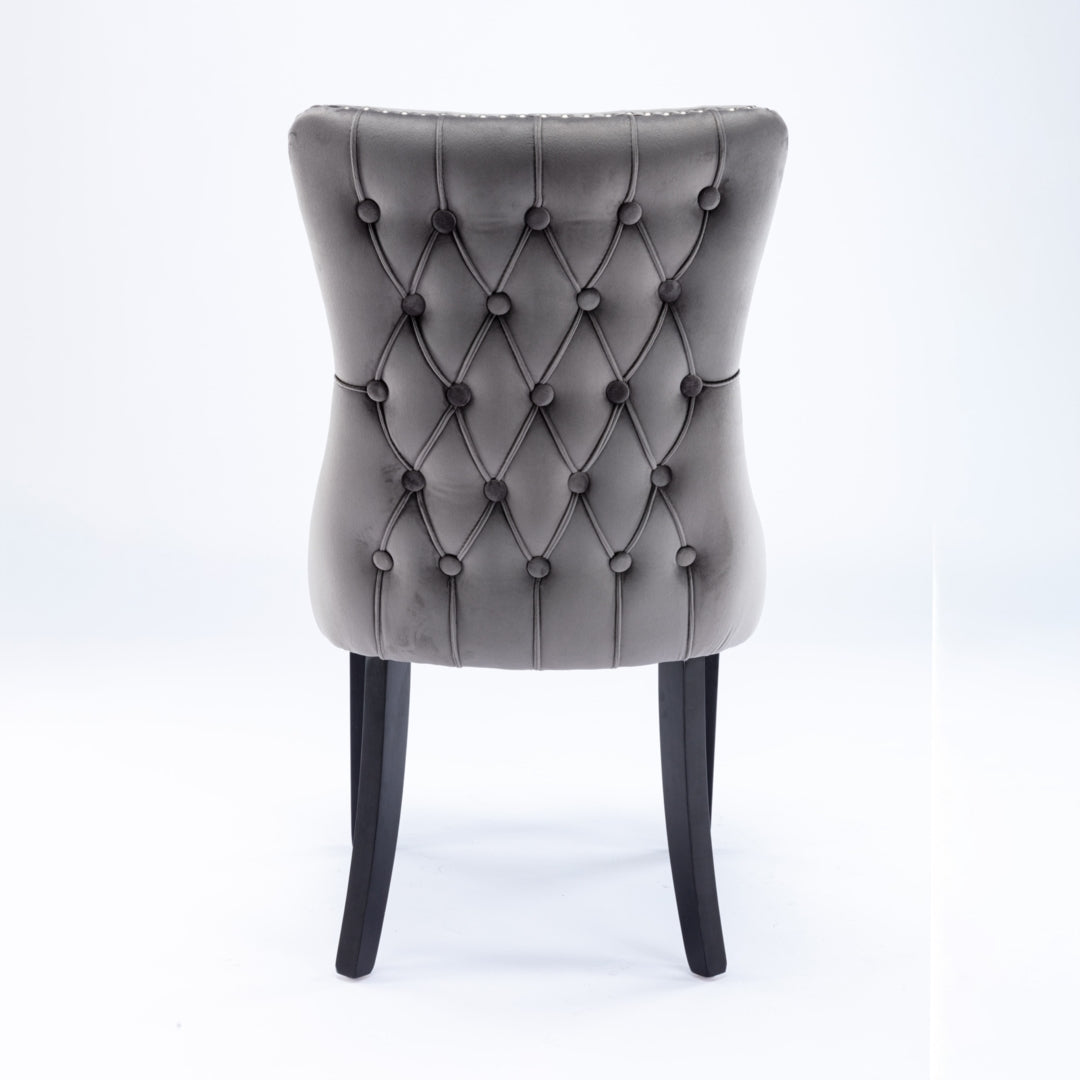 6x Velvet Tufted Wingback Dining Chairs, Solid Wood Legs