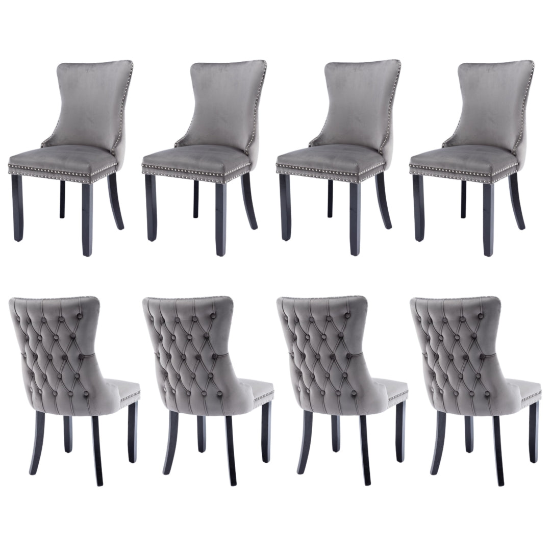 8x Velvet Tufted Wingback Dining Chairs, Solid Wood Legs