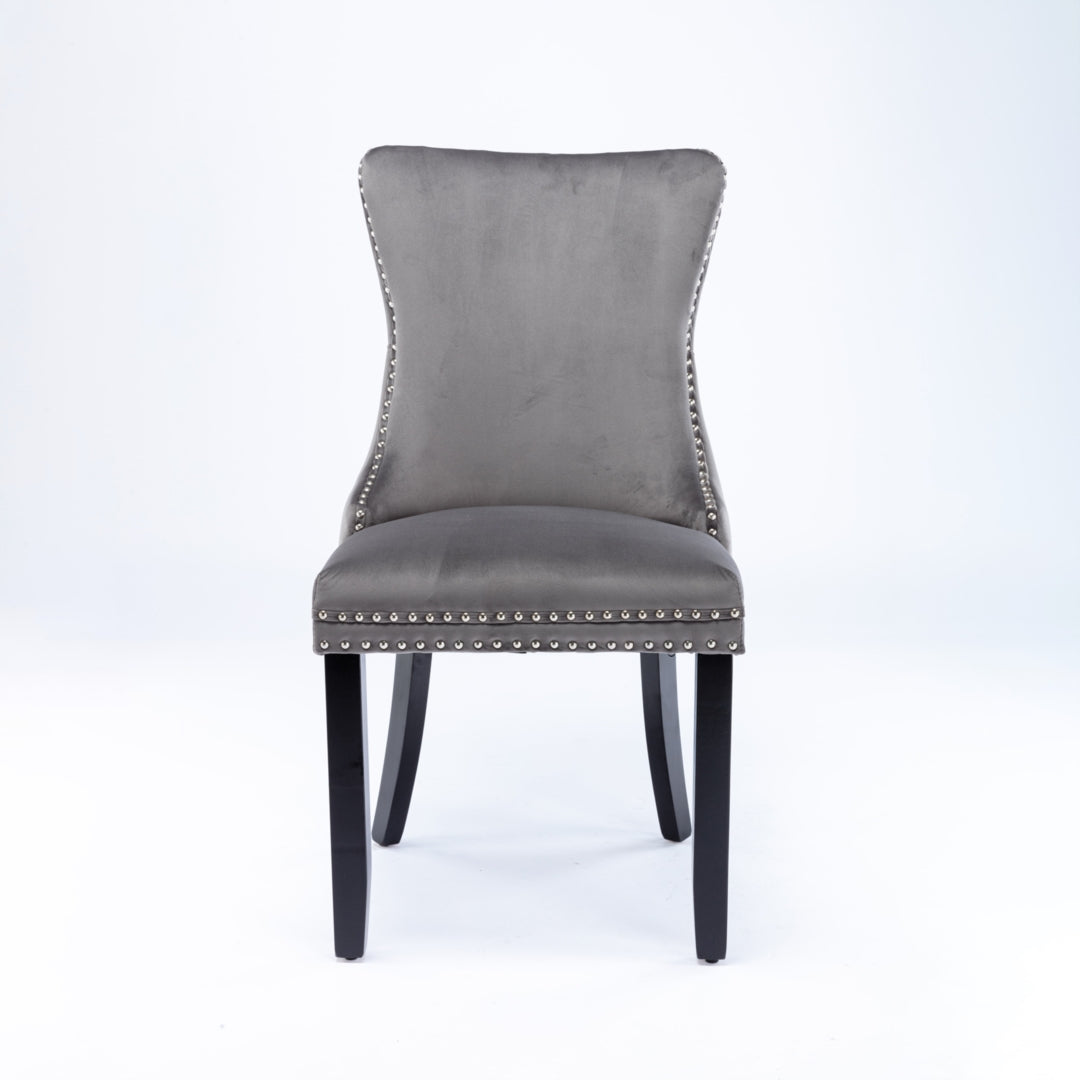 2x Velvet Grey Wingback Dining Chairs with Rivets, Solid Wood Legs