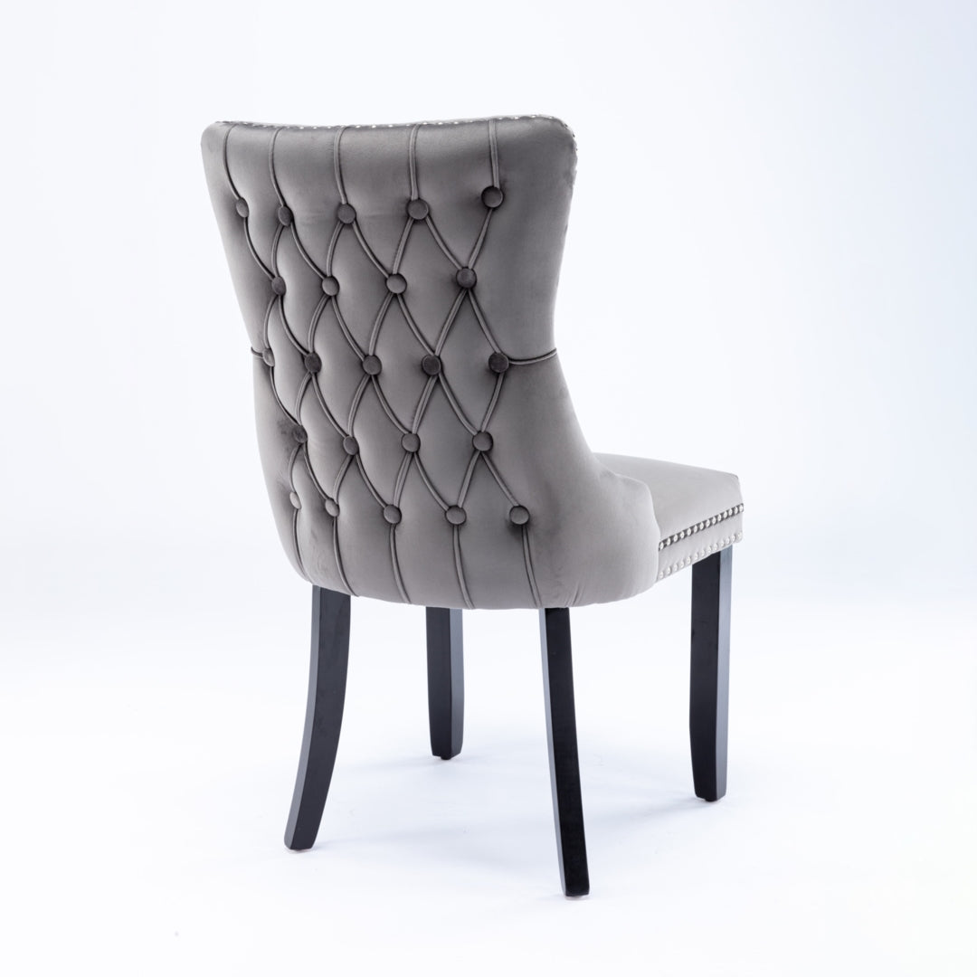 2x Velvet Grey Wingback Dining Chairs with Rivets, Solid Wood Legs