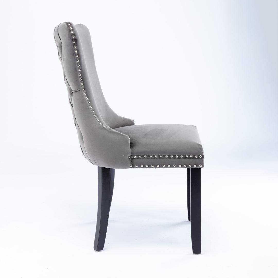 2x Velvet Grey Wingback Dining Chairs with Rivets, Solid Wood Legs