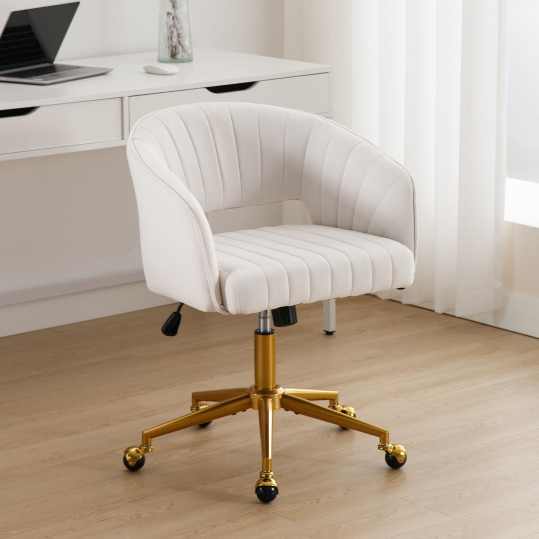 Ergonomic Velvet Home Office Chair with Wheels - Beige