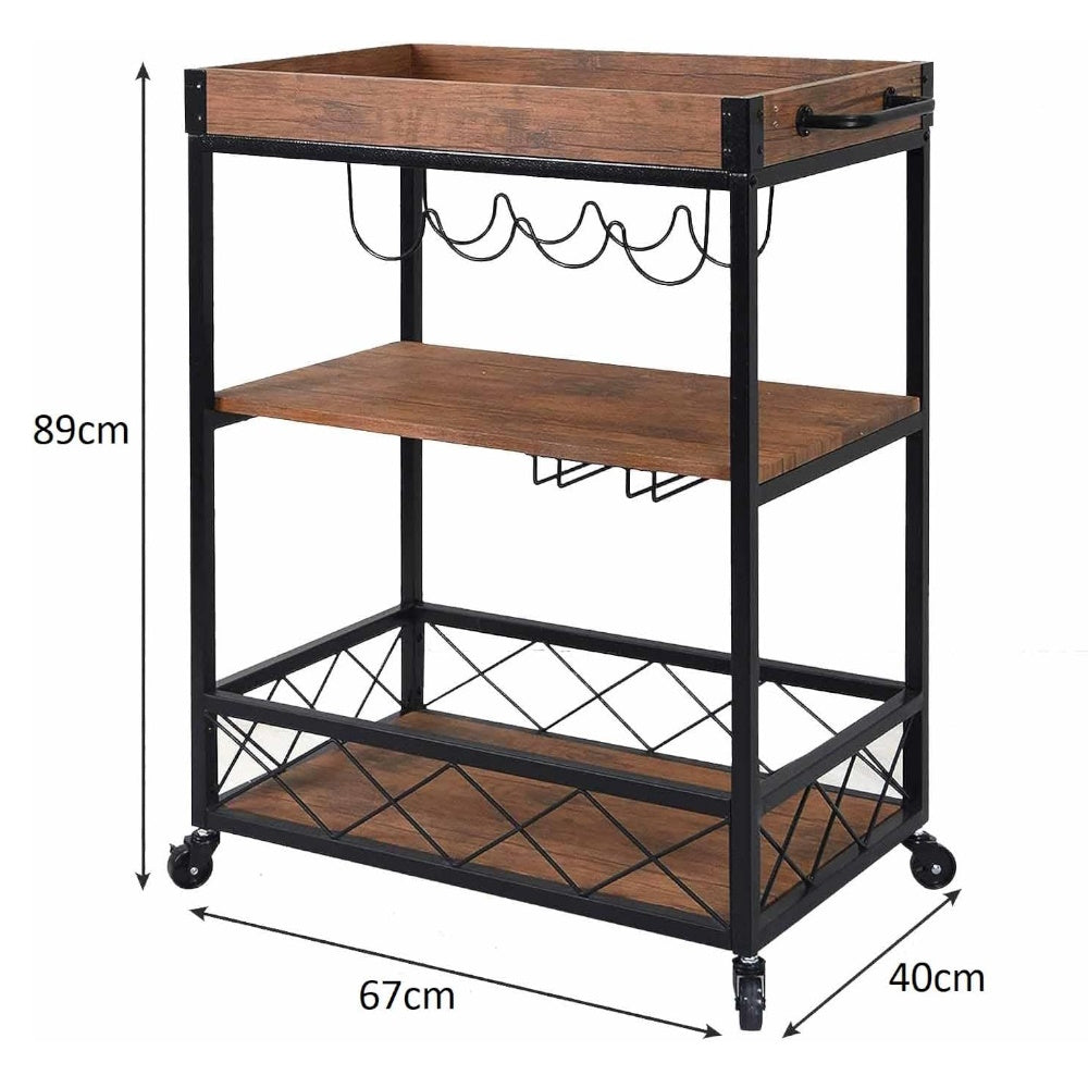 Walnut 3-Tier Kitchen Serving Cart with Wine Rack EKKIO