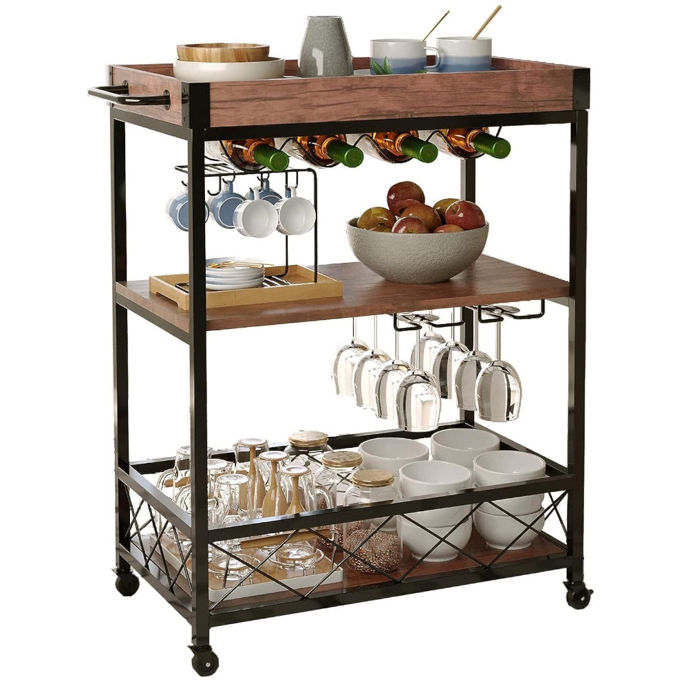 Walnut 3-Tier Kitchen Serving Cart with Wine Rack EKKIO