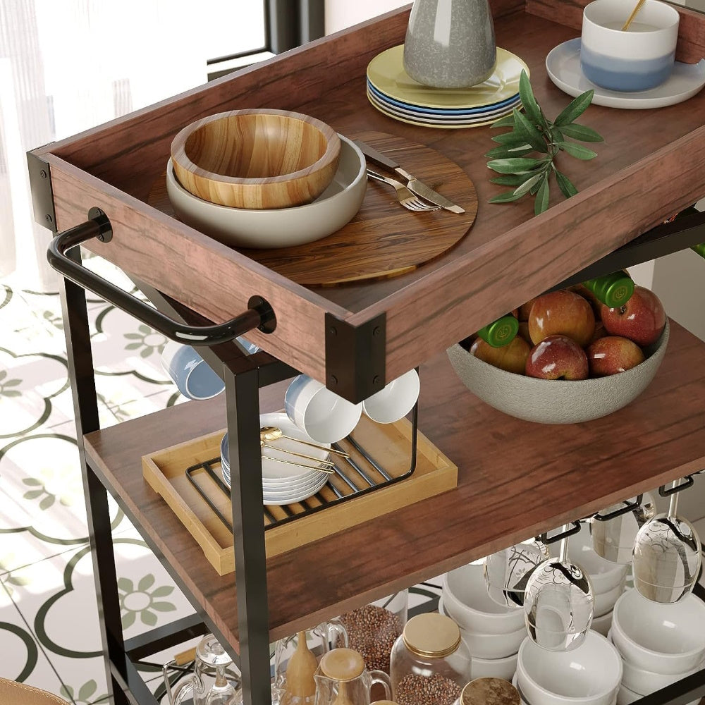 Walnut 3-Tier Kitchen Serving Cart with Wine Rack EKKIO