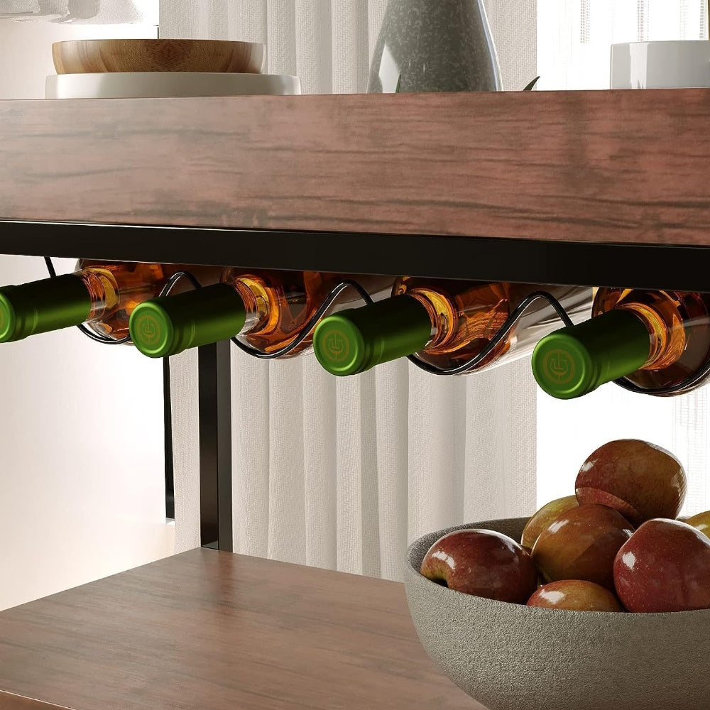 Walnut 3-Tier Kitchen Serving Cart with Wine Rack EKKIO