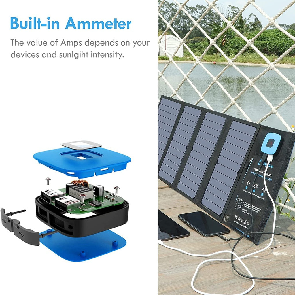 Portable 28W SunPower Solar Panel with 2 USB & Ammeter