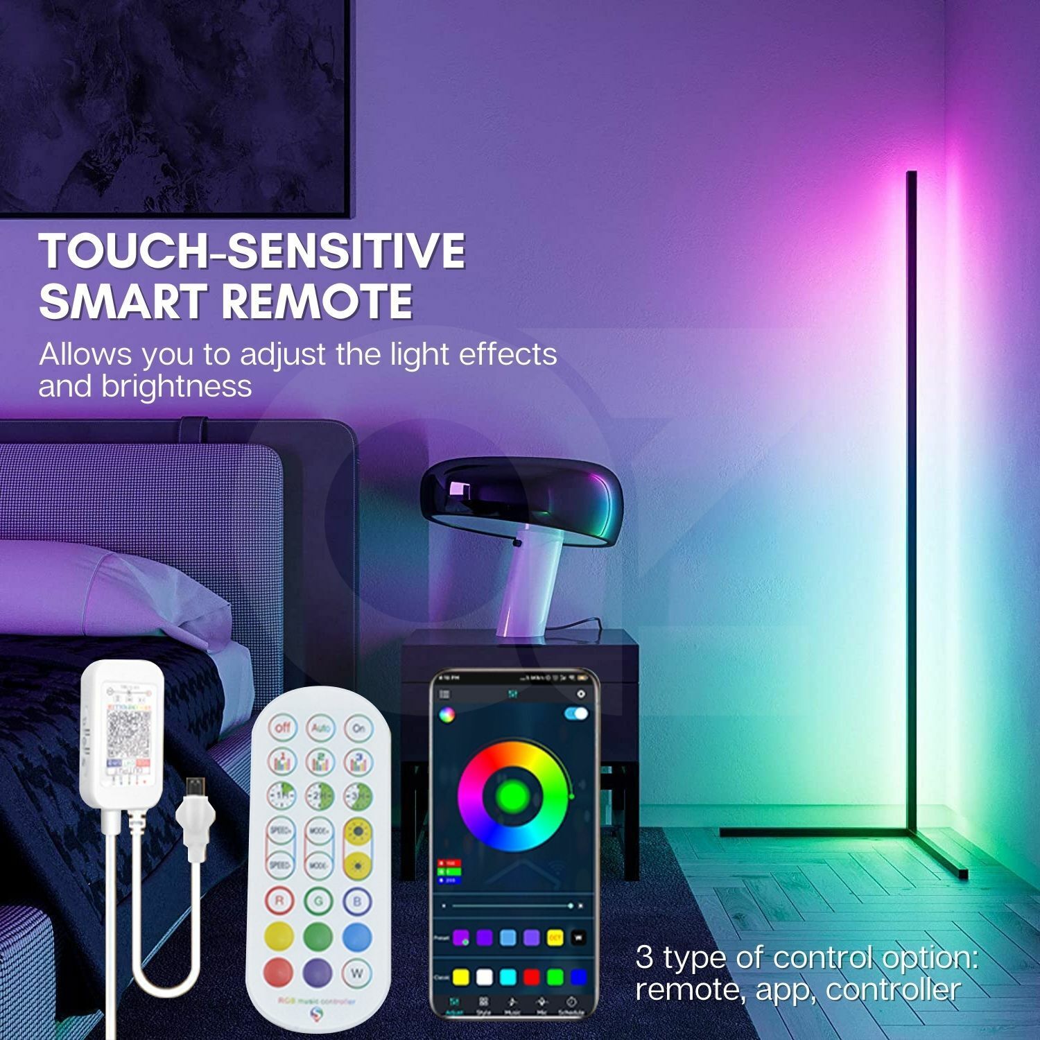 Dimmable RGB LED Corner Floor Lamp, Touch Remote - Gominimo