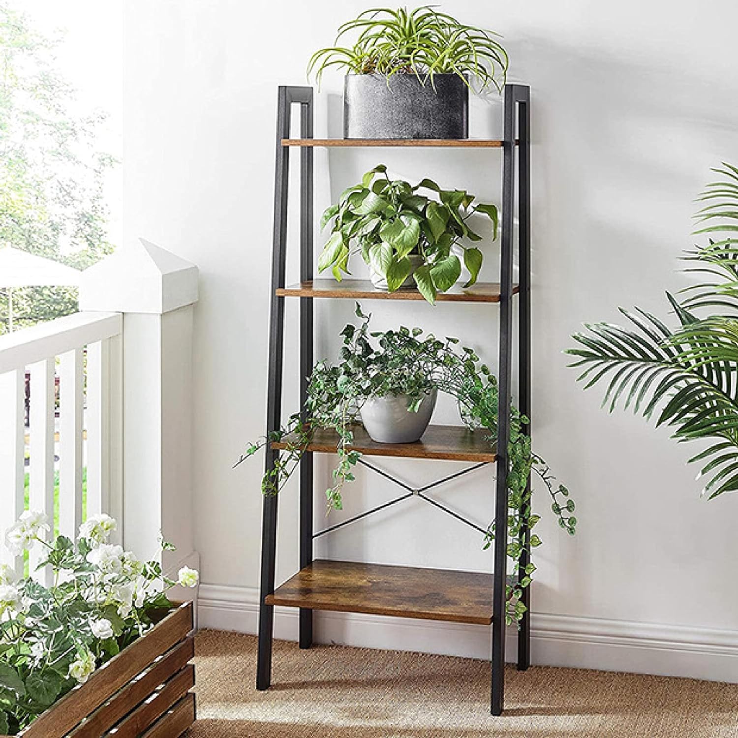 Sturdy 4-Tier Metal Wood Ladder Shelf with Anti-Scratch Pads