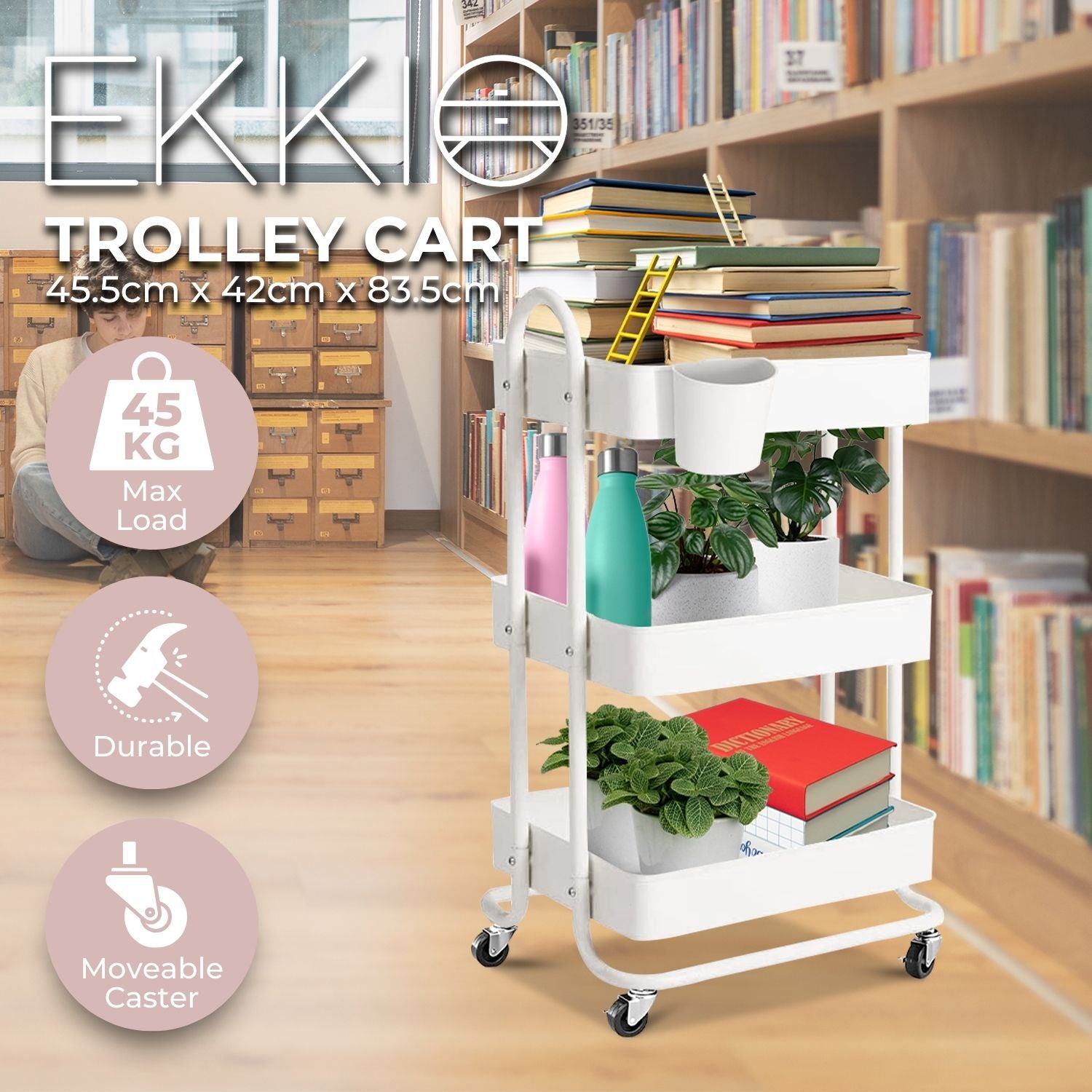 Durable 3-Tier Kitchen Trolley Cart, 45kg Capacity, EKKIO