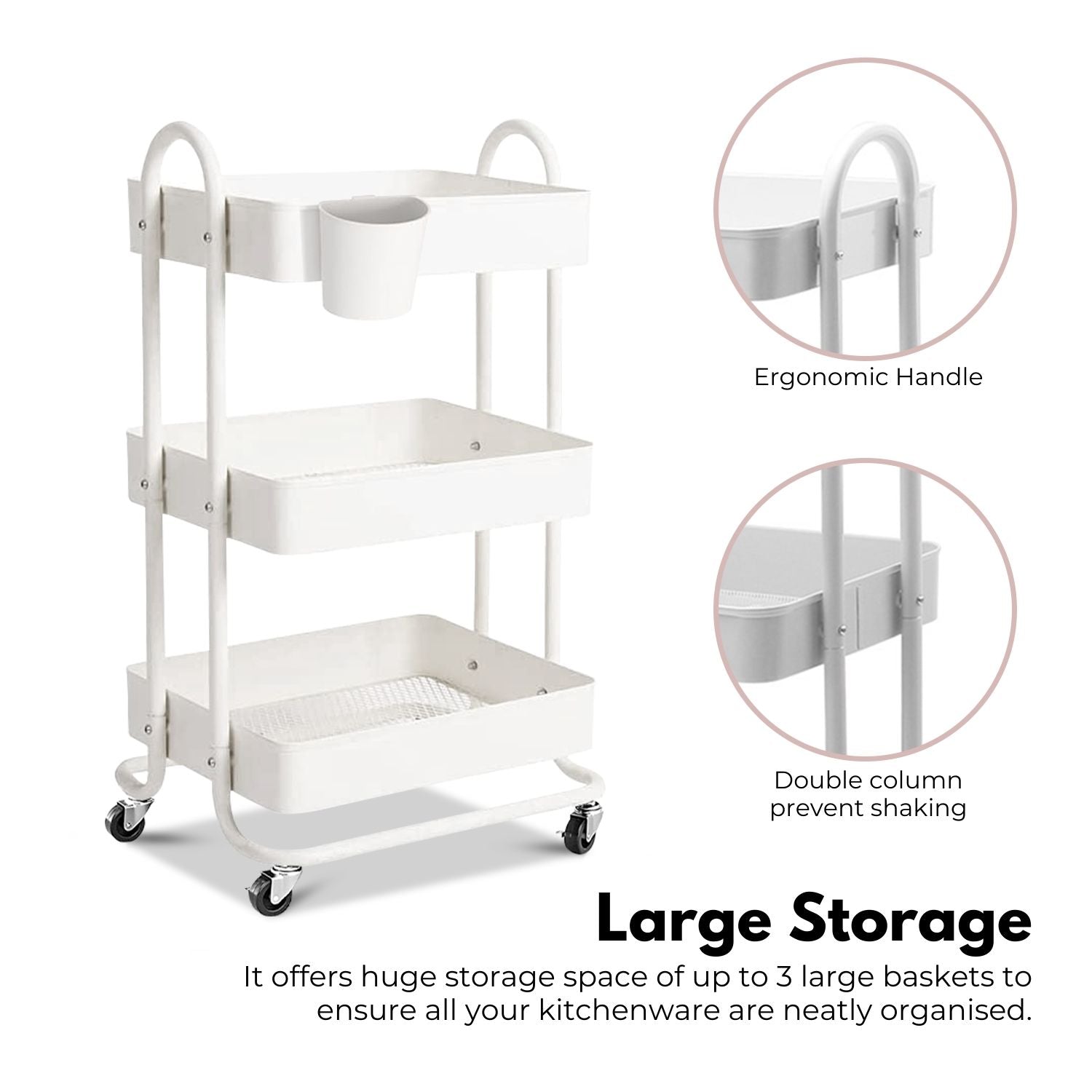 Durable 3-Tier Kitchen Trolley Cart, 45kg Capacity, EKKIO