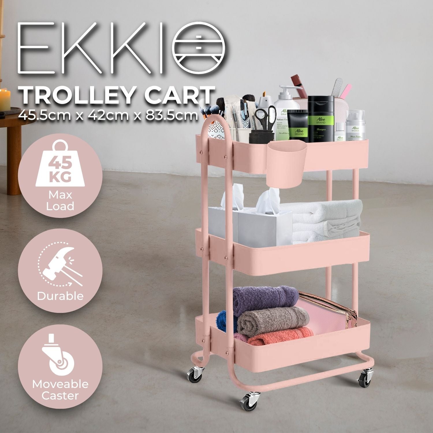 Durable 3-Tier Pink Kitchen Trolley Cart with Wheels