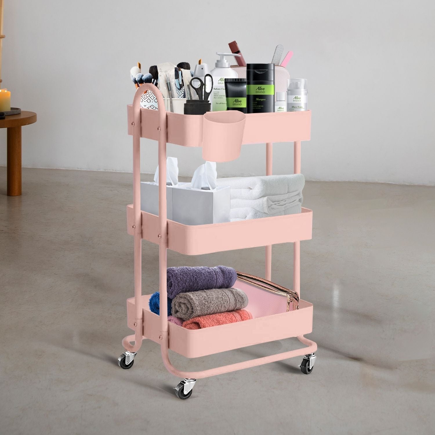 Durable 3-Tier Pink Kitchen Trolley Cart with Wheels