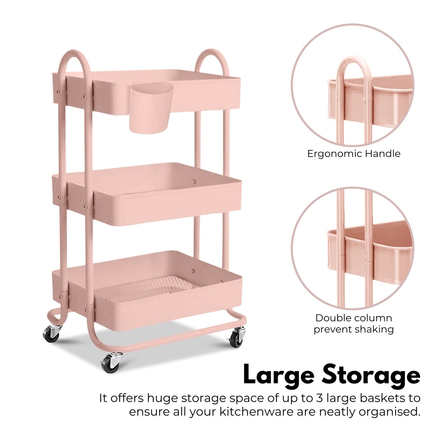 Durable 3-Tier Pink Kitchen Trolley Cart with Wheels