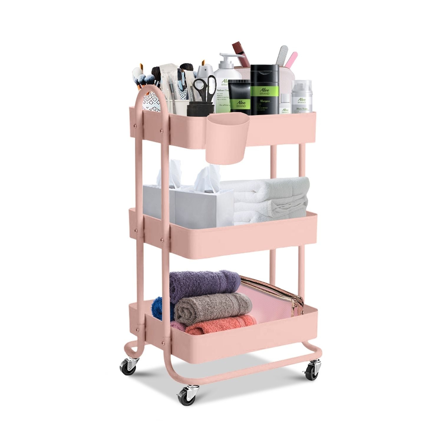 Durable 3-Tier Pink Kitchen Trolley Cart with Wheels